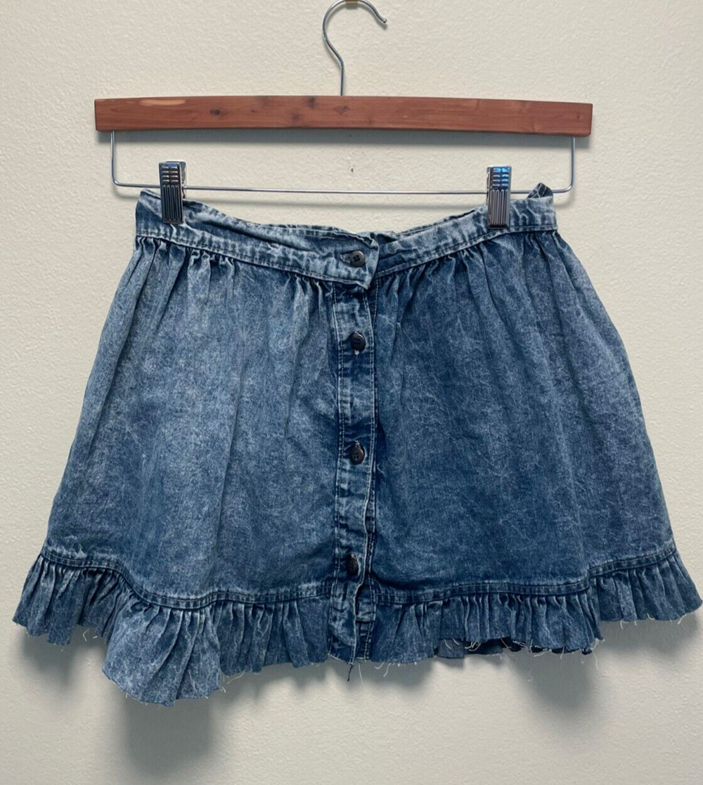 Vintage Juniors Mini Skirt Size 11 Denim Acid Wash Button Up Ruffle 90s Y2K